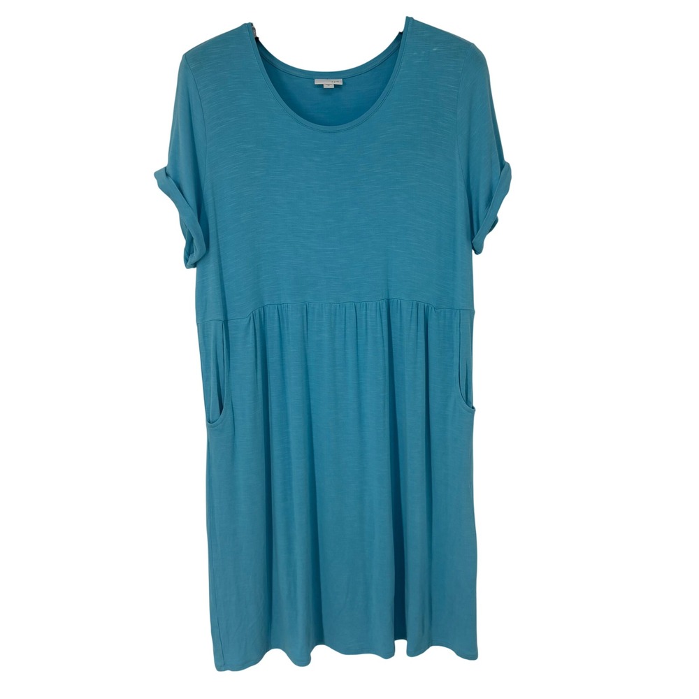 J. Jill Turquoise Blue Short Sleeve Empire Waist Knit Slub Dress XL‎ Pockets